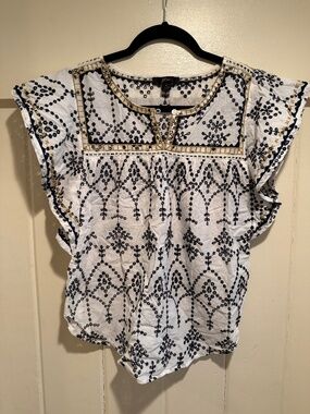 J CREW White w/ Black Flutter Sleeve Eyelet Top, Small